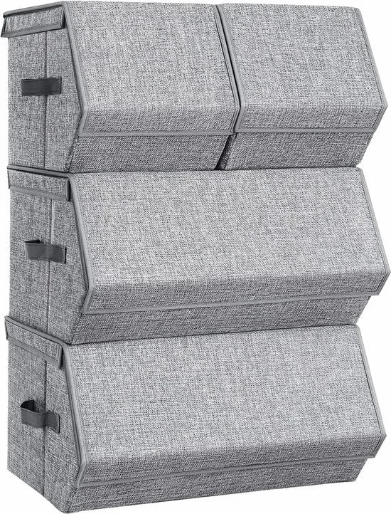 Stapelbare opbergdoos met deksel, set van 4, speelgoedorganisator, metalen frame, magneetsluiting, voor kleding, speelgoed en boeken, grijs RLB22GY