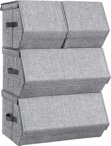 Stapelbare opbergdoos met deksel, set van 4, speelgoedorganisator, metalen frame, magneetsluiting, voor kleding, speelgoed en boeken, grijs RLB22GY