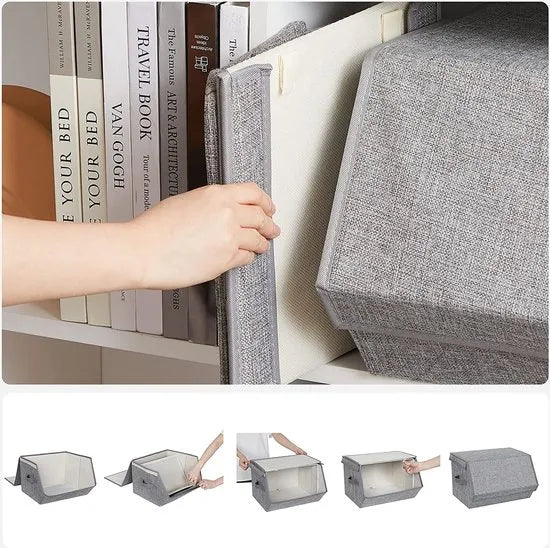 Stapelbare opbergdoos met deksel, set van 4, speelgoedorganisator, metalen frame, magneetsluiting, voor kleding, speelgoed en boeken, grijs RLB22GY