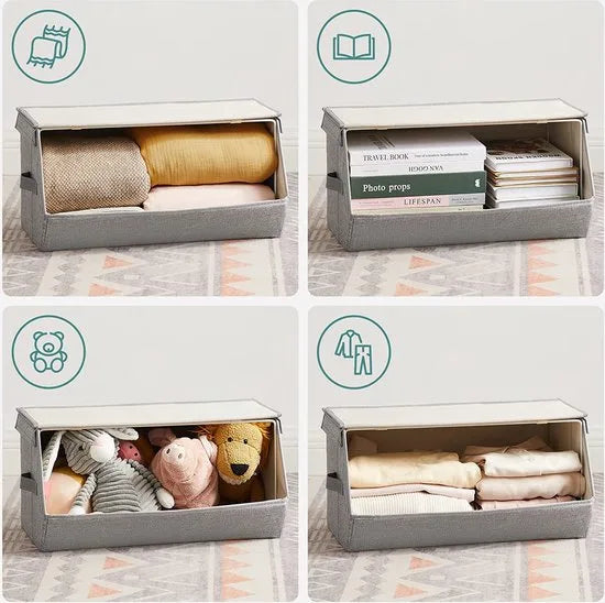 Stapelbare opbergdoos met deksel, set van 4, speelgoedorganisator, metalen frame, magneetsluiting, voor kleding, speelgoed en boeken, grijs RLB22GY