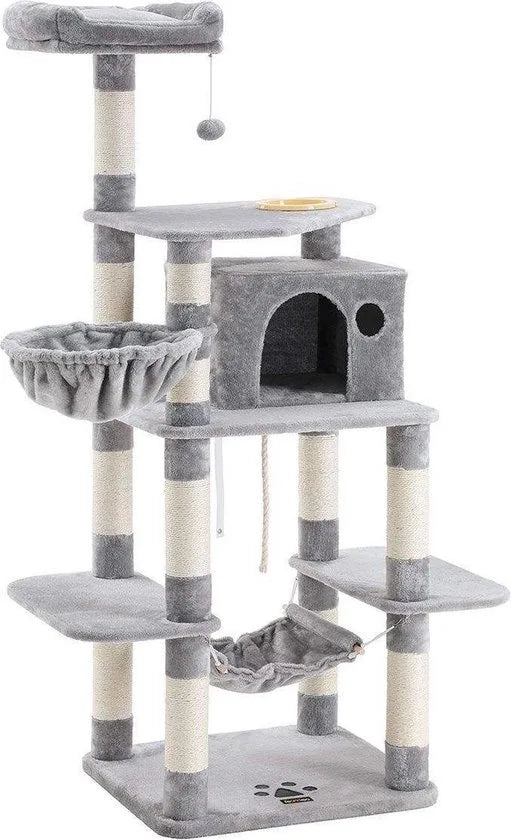 Stevige krabpaal met kattenbak, met sisal omwikkelde krabpunten, mand en grot, klimboom voor katten 164 cm hoog, lichtgrijs PCT99W