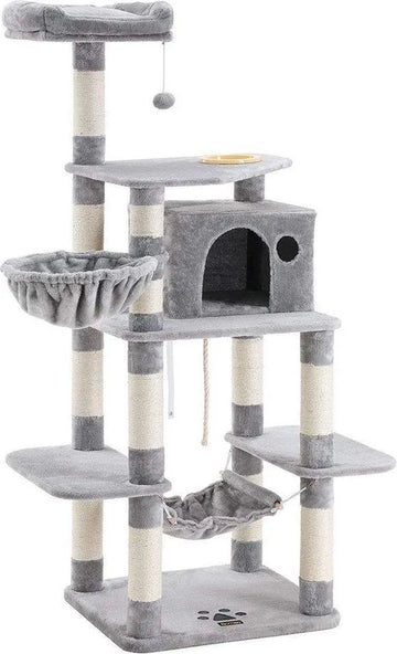 Stevige krabpaal met kattenbak, met sisal omwikkelde krabpunten, mand en grot, klimboom voor katten 164 cm hoog, lichtgrijs PCT99W