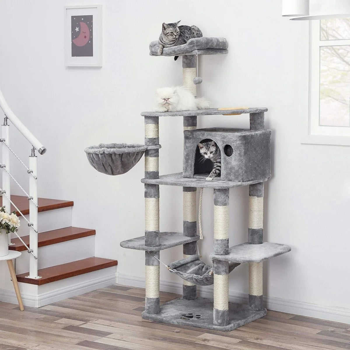 Stevige krabpaal met kattenbak, met sisal omwikkelde krabpunten, mand en grot, klimboom voor katten 164 cm hoog, lichtgrijs PCT99W