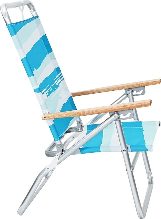 strandstoel, campingstoel, hoge rugleuning verstelbaar in 3 standen, gemakkelijk te vervoeren, klapstoel, houten armleuningen, tot 150 kg draagvermogen, blauw-groen-wit gestreept GCB66UW
