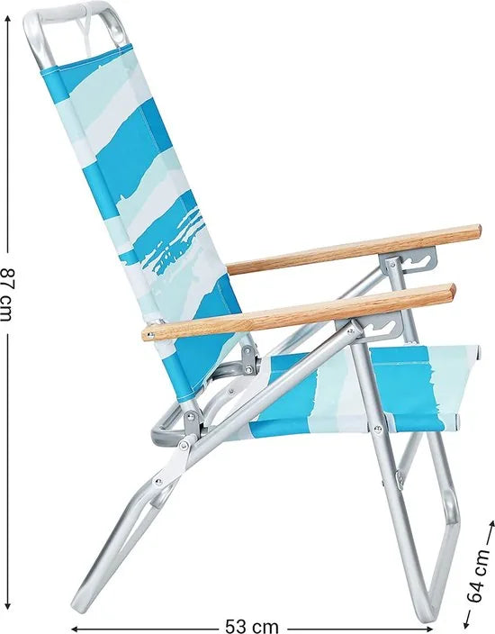 strandstoel, campingstoel, hoge rugleuning verstelbaar in 3 standen, gemakkelijk te vervoeren, klapstoel, houten armleuningen, tot 150 kg draagvermogen, blauw-groen-wit gestreept GCB66UW