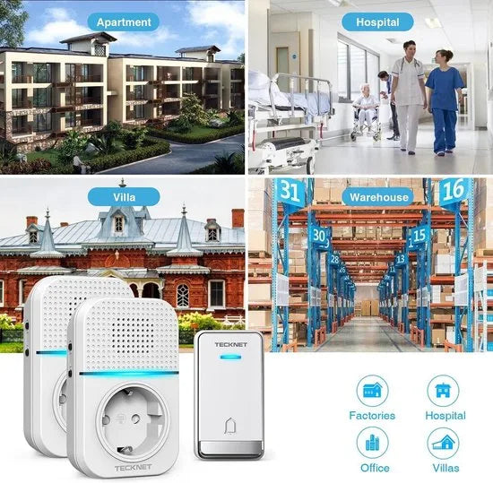 Tecknet deurbel - Deurbelset - Twee ontvangers  - Draadloos - Duurzame zender zonder batterijen - Wit