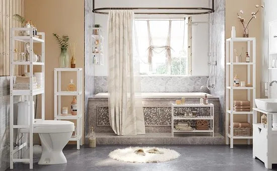 Toiletrek, badkamerrek, badkamerrek met 3 verdiepingen, van bamboe, verstelbaar, multifunctioneel, statische belastbaarheid 15 kg per niveau, eenvoudige montage, wit BTS01WT