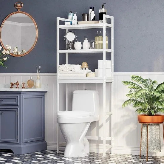 Toiletrek, badkamerrek, badkamerrek met 3 verdiepingen, van bamboe, verstelbaar, multifunctioneel, statische belastbaarheid 15 kg per niveau, eenvoudige montage, wit BTS01WT