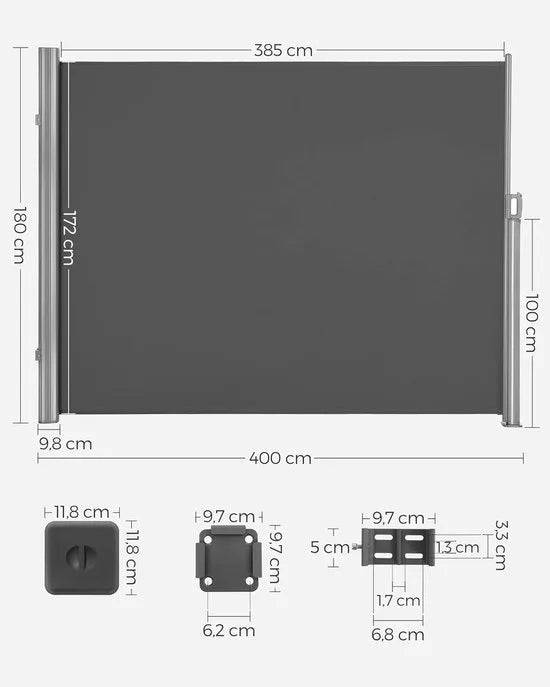 Uitschuifbare aluminium zijluifel 180 x 400 cm - Inkijkbescherming en zonwering - Antraciet - GSA184G windscherm oprolbaar