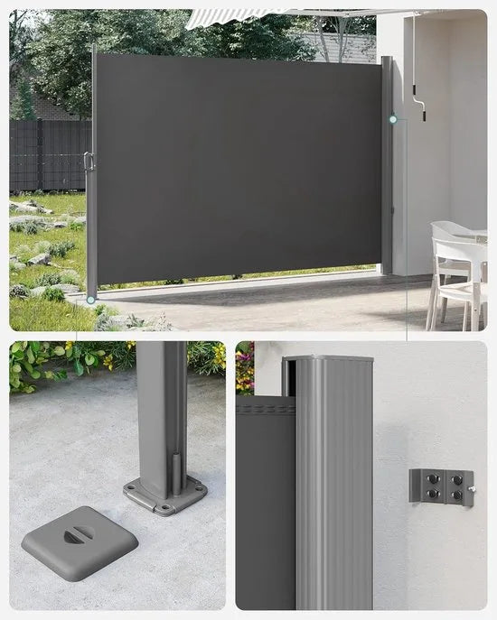 Uitschuifbare aluminium zijluifel 180 x 400 cm - Inkijkbescherming en zonwering - Antraciet - GSA184G windscherm oprolbaar
