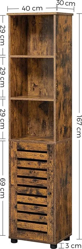 VASAGLE Badkamermeubel – Hoge Kast met 3 Open Vakken en 2 Verstelbare Planken – Opbergkast voor Badkamer, Hal, Keuken of Woonkamer – Vintage Bruin – BBK160X01