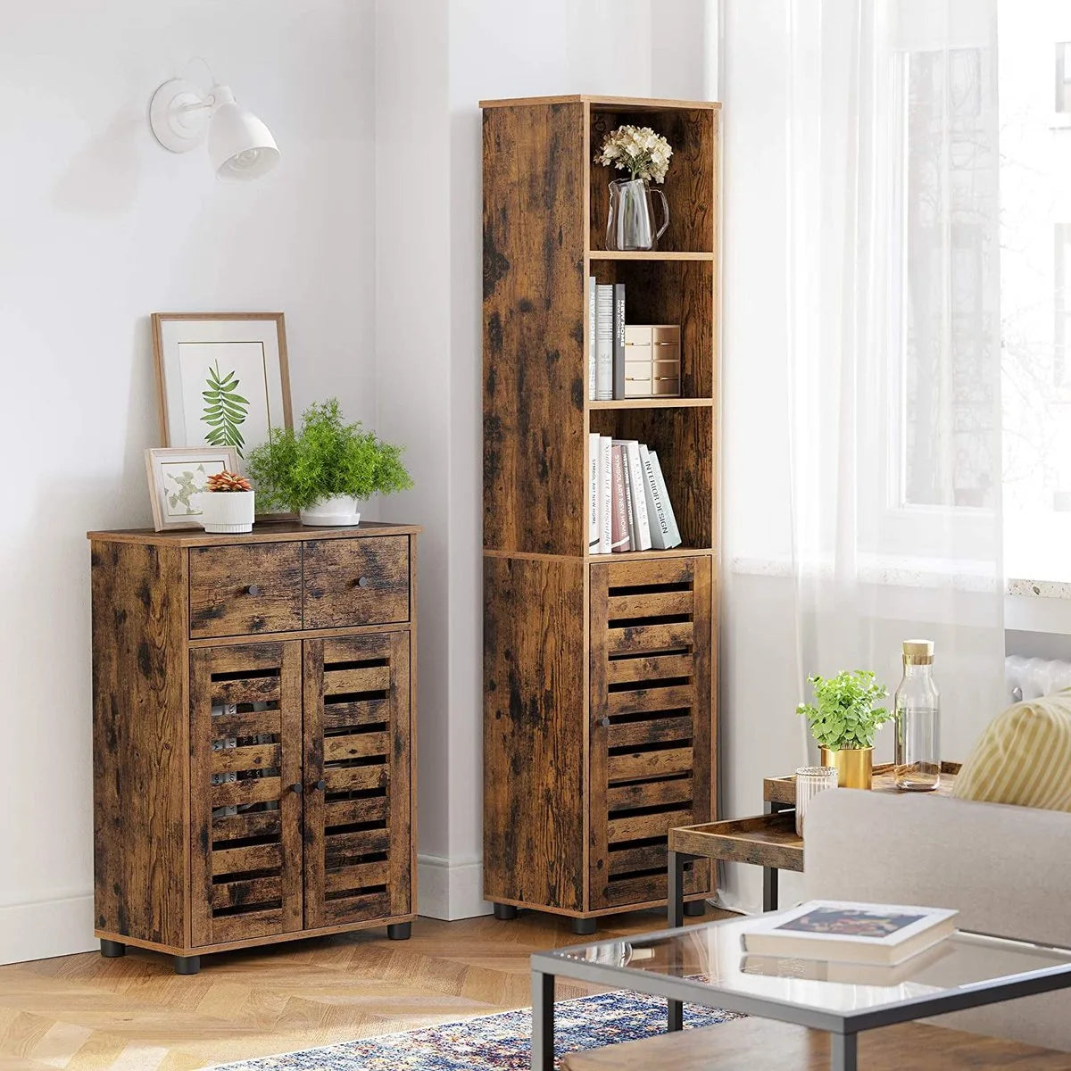 VASAGLE Badkamermeubel – Hoge Kast met 3 Open Vakken en 2 Verstelbare Planken – Opbergkast voor Badkamer, Hal, Keuken of Woonkamer – Vintage Bruin – BBK160X01
