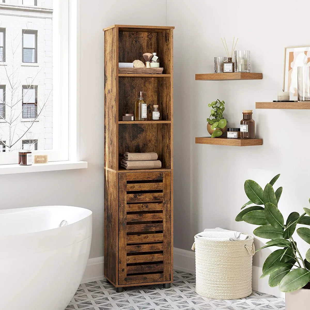 VASAGLE Badkamermeubel – Hoge Kast met 3 Open Vakken en 2 Verstelbare Planken – Opbergkast voor Badkamer, Hal, Keuken of Woonkamer – Vintage Bruin – BBK160X01