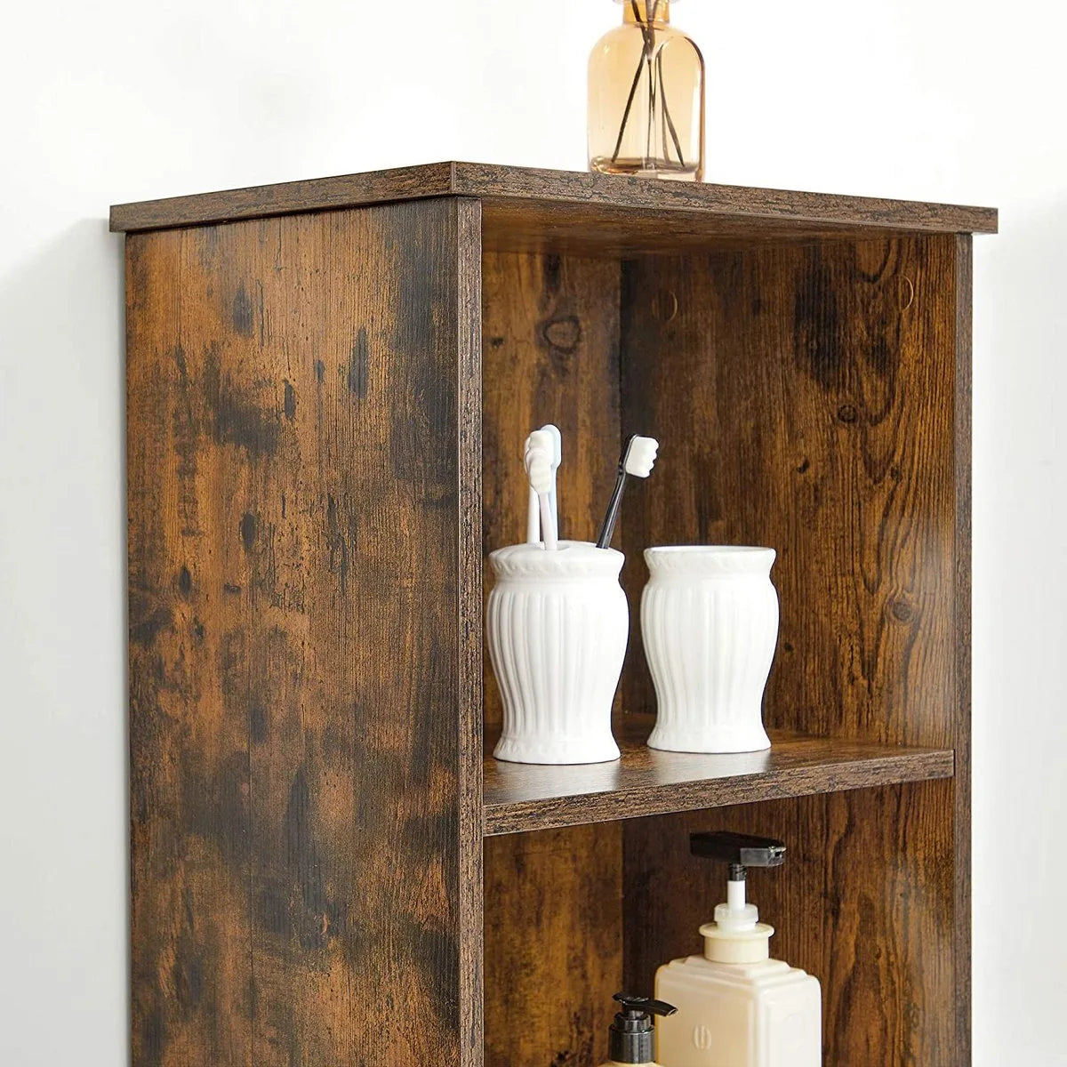 VASAGLE Badkamermeubel – Hoge Kast met 3 Open Vakken en 2 Verstelbare Planken – Opbergkast voor Badkamer, Hal, Keuken of Woonkamer – Vintage Bruin – BBK160X01