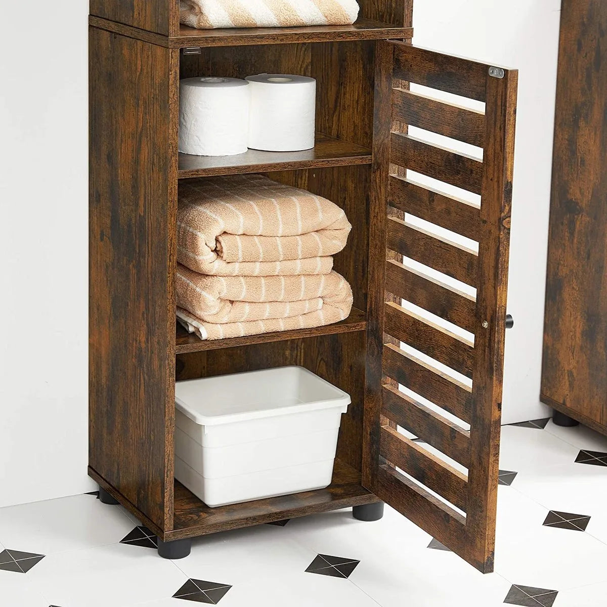 VASAGLE Badkamermeubel – Hoge Kast met 3 Open Vakken en 2 Verstelbare Planken – Opbergkast voor Badkamer, Hal, Keuken of Woonkamer – Vintage Bruin – BBK160X01