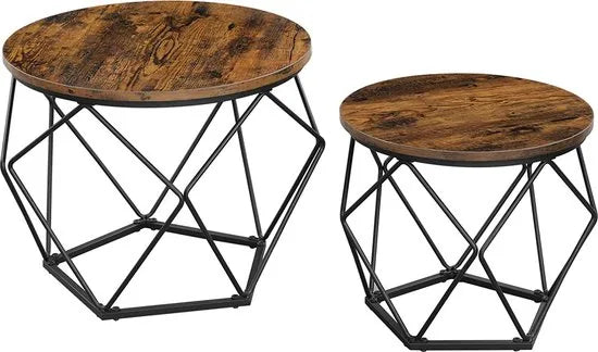 Vasagle bijzettafel, set van 2, salontafels, banktafel met mandfunctie, gedekte tafel, geometrisch, stalen frame, voor woonkamer, slaapkamer, vintage bruin-zwart let040b01