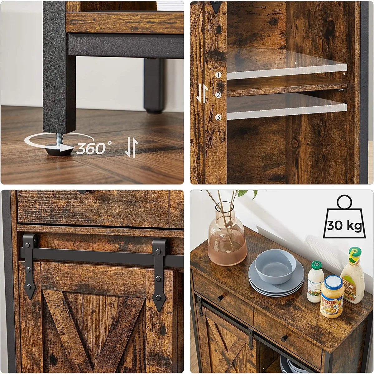 VASAGLE dressoir, dressoir met lade, keukenkast, ladekast met schuifdeur in landelijke stijl, industrieel ontwerp, vintage bruin-zwart LSC100B01