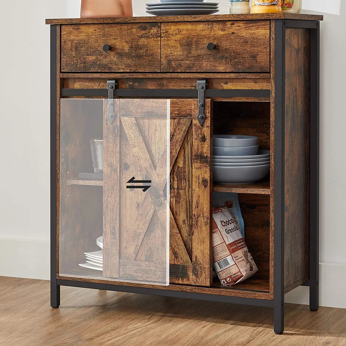 VASAGLE dressoir, dressoir met lade, keukenkast, ladekast met schuifdeur in landelijke stijl, industrieel ontwerp, vintage bruin-zwart LSC100B01