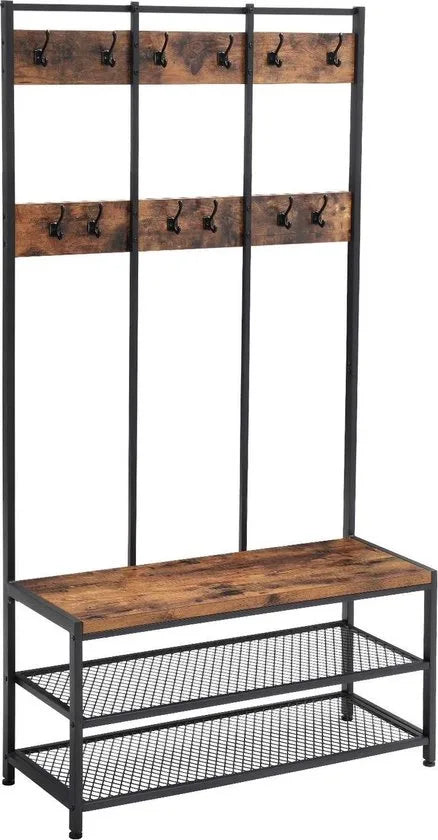 VASAGLE Grote kapstok met bank, kapstok met 12 kleerhaken en schoenenrek, halplank, kantoor, slaapkamer, stevig stalen frame, industrieel ontwerp, vintage bruin-zwart