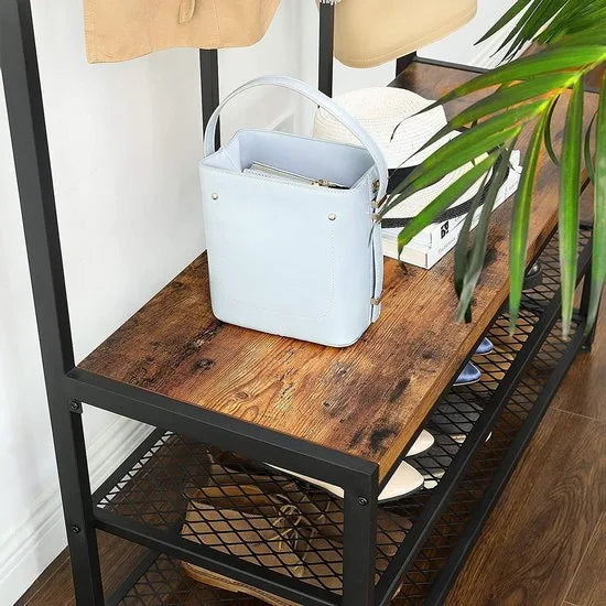 VASAGLE Grote kapstok met bank, kapstok met 12 kleerhaken en schoenenrek, halplank, kantoor, slaapkamer, stevig stalen frame, industrieel ontwerp, vintage bruin-zwart