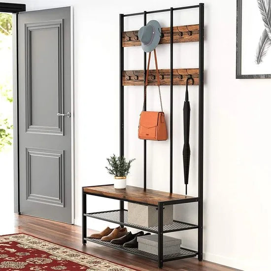 VASAGLE Grote kapstok met bank, kapstok met 12 kleerhaken en schoenenrek, halplank, kantoor, slaapkamer, stevig stalen frame, industrieel ontwerp, vintage bruin-zwart