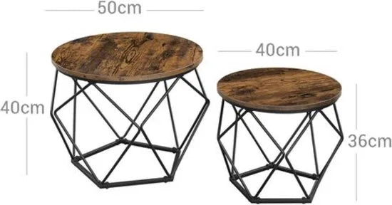 VASAGLE - Salontafels - set van 2 bijzettafels, robuust, stalen frame, voor woonkamer, slaapkamer, vintage bruin-zwart LET040B01