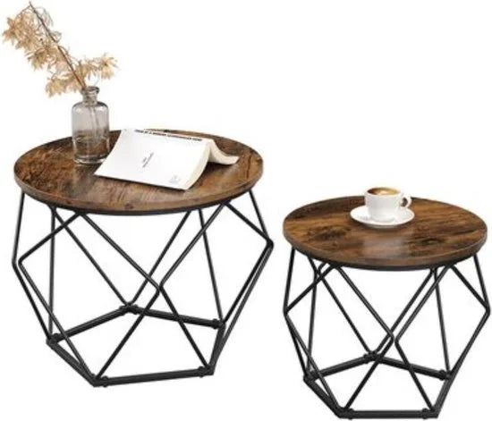 VASAGLE - Salontafels - set van 2 bijzettafels, robuust, stalen frame, voor woonkamer, slaapkamer, vintage bruin-zwart LET040B01