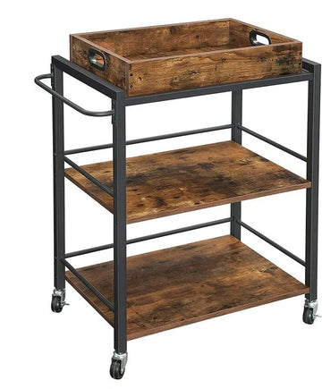 VASAGLE serveerwagen met afneembaar dienblad, vergrendelbare keukenwagen met universele wielen, keukenplank, 65 x 40 x 86 cm, stevig metalen frame, industrieel ontwerp, vintage, donkerbruin LRC72X