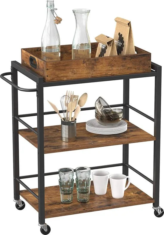 VASAGLE serveerwagen met afneembaar dienblad, vergrendelbare keukenwagen met universele wielen, keukenplank, 65 x 40 x 86 cm, stevig metalen frame, industrieel ontwerp, vintage, donkerbruin LRC72X