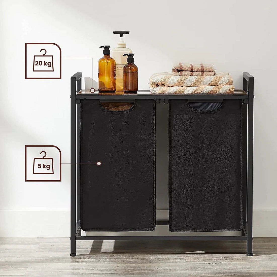 VASAGLE wasmand, wasverzamelaar, 2 vakken, met plank, wassorteerbak, metalen frame, 2 uitneembare vakken van oxford stof, met klittenbandsluiting, vintage bruin-zwart BLH201B01