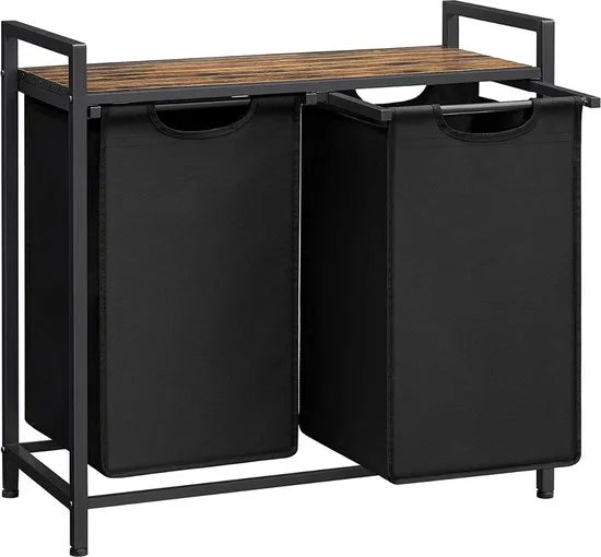 VASAGLE wasmand, wasverzamelaar, 2 vakken, met plank, wassorteerbak, metalen frame, 2 uitneembare vakken van oxford stof, met klittenbandsluiting, vintage bruin-zwart BLH201B01