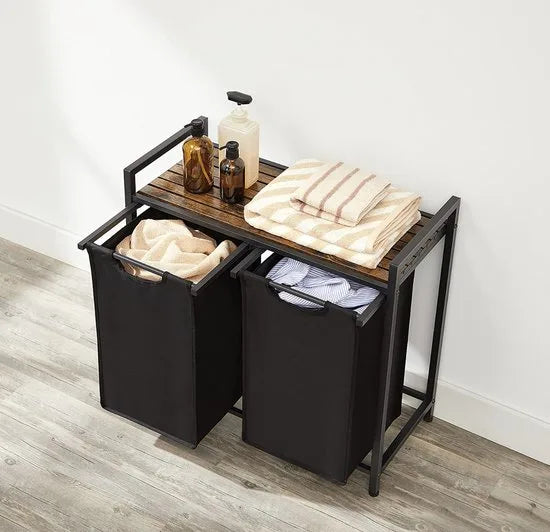 VASAGLE wasmand, wasverzamelaar, 2 vakken, met plank, wassorteerbak, metalen frame, 2 uitneembare vakken van oxford stof, met klittenbandsluiting, vintage bruin-zwart BLH201B01