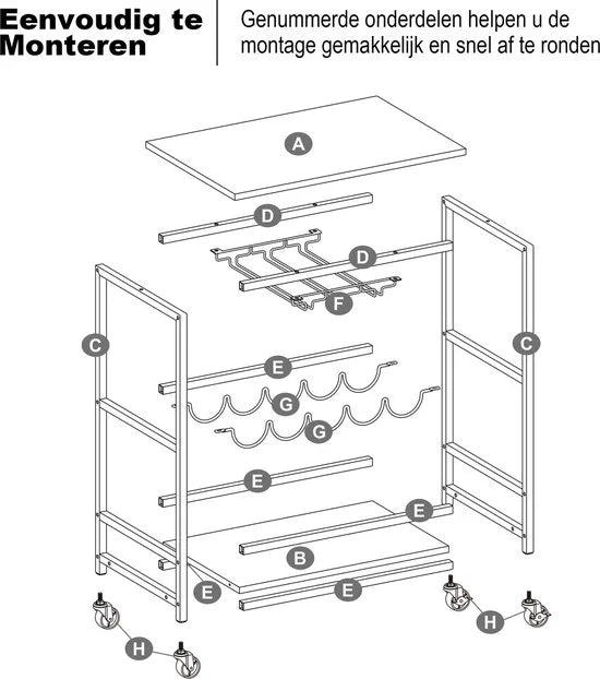 VinoDiMontagna Wijnrek - Keukentrolley - Wijnkast - Serveerwagen Op Wieltjes incl. Remmen - Barkast - 75 x 60 x 40 cm - Wijnfleshouder - Wijnglazenhouder - Donkerbruin