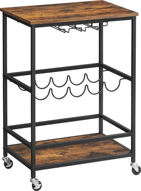 VinoDiMontagna Wijnrek - Keukentrolley - Wijnkast - Serveerwagen Op Wieltjes incl. Remmen - Barkast - 75 x 60 x 40 cm - Wijnfleshouder - Wijnglazenhouder - Donkerbruin