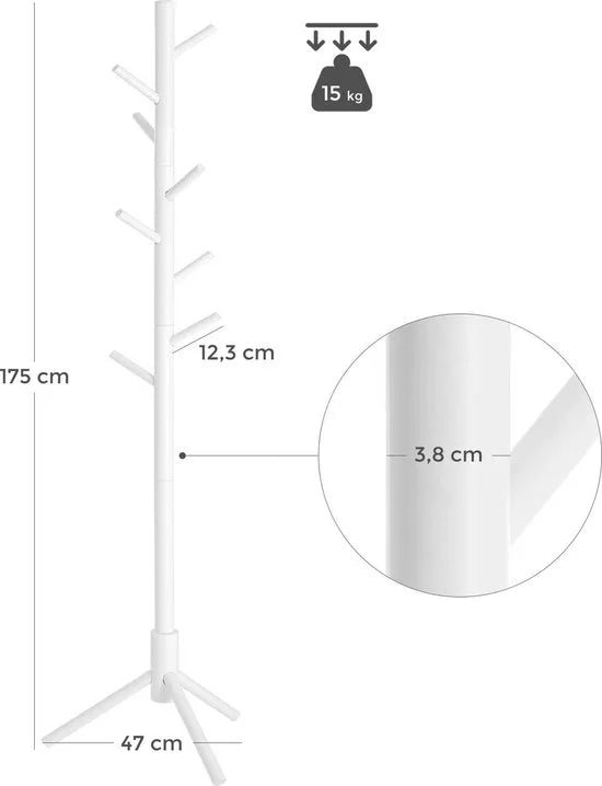Vrijstaande Kapstok van Massief Hout – Boomvorm met 8 Haken – Voor Jassen, Hoeden en Tassen – Stijlvolle Kapstok voor Hal of Entree – Wit - RCR04WT