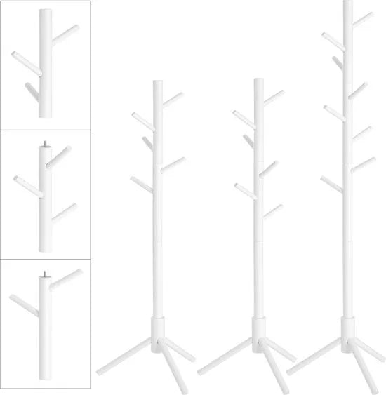Vrijstaande Kapstok van Massief Hout – Boomvorm met 8 Haken – Voor Jassen, Hoeden en Tassen – Stijlvolle Kapstok voor Hal of Entree – Wit - RCR04WT