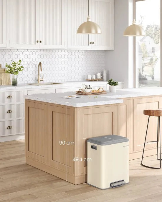 Vuilnisemmer voor keuken - Afvalscheidingssysteem 2 x 15 L - 2 vakken voor recycling en restafval - Afvalemmer met binnenemmer - Staal - Softclose deksel - Breed robuust pedaal - Zandbeige