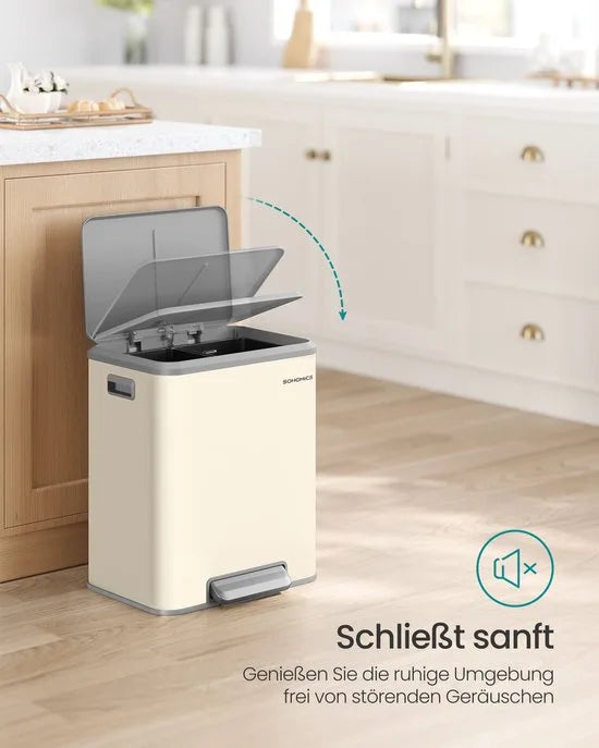 Vuilnisemmer voor keuken - Afvalscheidingssysteem 2 x 15 L - 2 vakken voor recycling en restafval - Afvalemmer met binnenemmer - Staal - Softclose deksel - Breed robuust pedaal - Zandbeige