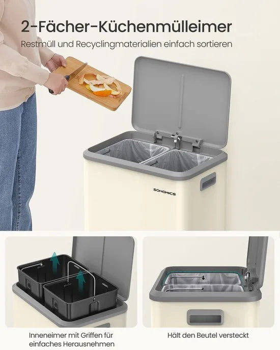 Vuilnisemmer voor keuken - Afvalscheidingssysteem 2 x 15 L - 2 vakken voor recycling en restafval - Afvalemmer met binnenemmer - Staal - Softclose deksel - Breed robuust pedaal - Zandbeige