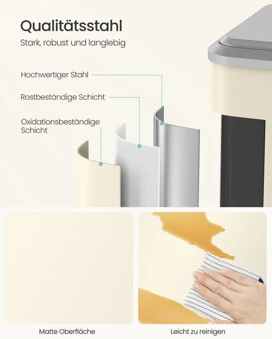 Vuilnisemmer voor keuken - Afvalscheidingssysteem 2 x 15 L - 2 vakken voor recycling en restafval - Afvalemmer met binnenemmer - Staal - Softclose deksel - Breed robuust pedaal - Zandbeige