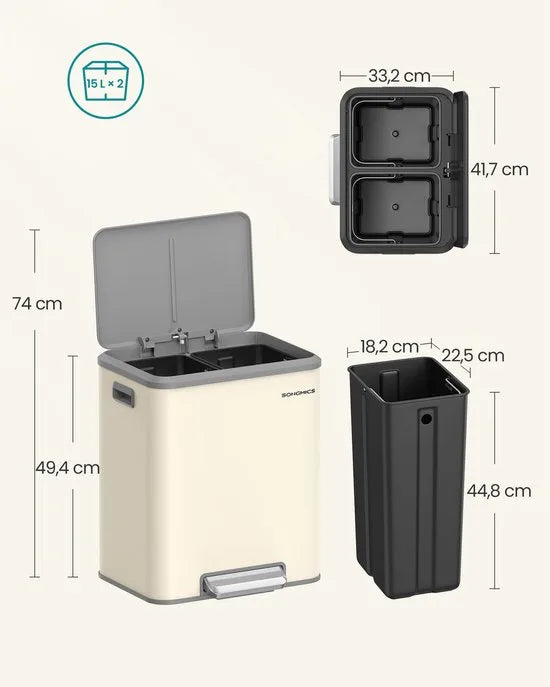 Vuilnisemmer voor keuken - Afvalscheidingssysteem 2 x 15 L - 2 vakken voor recycling en restafval - Afvalemmer met binnenemmer - Staal - Softclose deksel - Breed robuust pedaal - Zandbeige