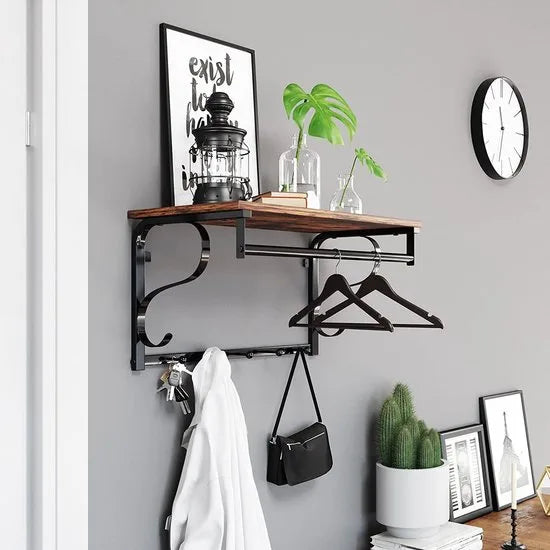 wandkapstok wandplank met 5 haken en plank, in industrieel design, hakenrail met ophangstang, voor hal, slaapkamer, badkamer en woonkamer, vintage, zwart LCR11BX