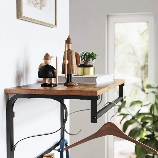 wandkapstok wandplank met 5 haken en plank, in industrieel design, hakenrail met ophangstang, voor hal, slaapkamer, badkamer en woonkamer, vintage, zwart LCR11BX