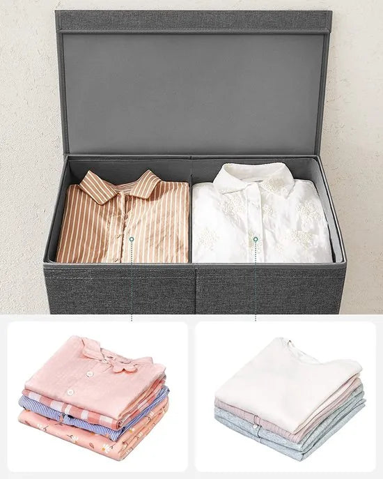 Wasmand 142L, Faux linnen wasverzamelaar, Wassorteerder, Waskist met 2 compartimenten, magnetisch deksel en handvaten, opvouwbaar, Waszak verwijderbaar, donkergrijs LCB002G02