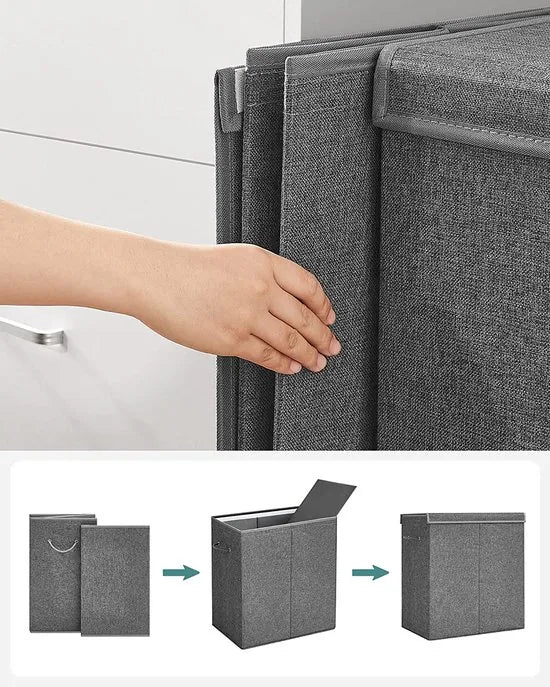 Wasmand 142L, Faux linnen wasverzamelaar, Wassorteerder, Waskist met 2 compartimenten, magnetisch deksel en handvaten, opvouwbaar, Waszak verwijderbaar, donkergrijs LCB002G02