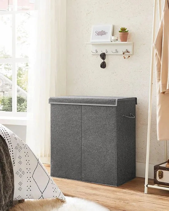 Wasmand 142L, Faux linnen wasverzamelaar, Wassorteerder, Waskist met 2 compartimenten, magnetisch deksel en handvaten, opvouwbaar, Waszak verwijderbaar, donkergrijs LCB002G02