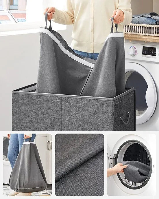 Wasmand 142L, Faux linnen wasverzamelaar, Wassorteerder, Waskist met 2 compartimenten, magnetisch deksel en handvaten, opvouwbaar, Waszak verwijderbaar, donkergrijs LCB002G02