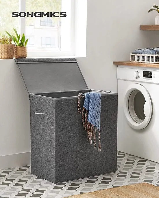 Wasmand 142L, Faux linnen wasverzamelaar, Wassorteerder, Waskist met 2 compartimenten, magnetisch deksel en handvaten, opvouwbaar, Waszak verwijderbaar, donkergrijs LCB002G02