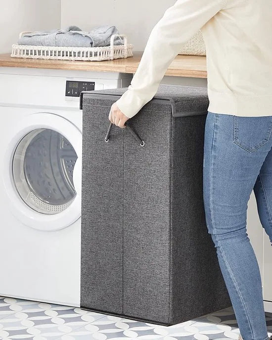 Wasmand 142L, Faux linnen wasverzamelaar, Wassorteerder, Waskist met 2 compartimenten, magnetisch deksel en handvaten, opvouwbaar, Waszak verwijderbaar, donkergrijs LCB002G02
