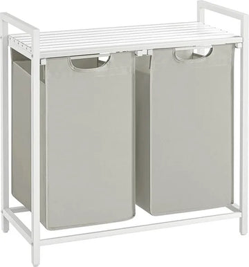 Wasmand 2 compartimenten, wasmand met plank, waskast, oxford stof verwijderbaar metalen frame, 2 x 46 l, 73 x 33 x 72 cm, wit